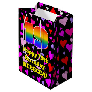 19. Geburtstag: Loving Hearts Pattern, Regenbogen Mittlere Geschenktüte