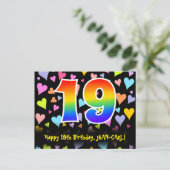 19. Geburtstag: Lustiges Herzen-Muster, Regenbogen Postkarte (Stehend Vorderseite)