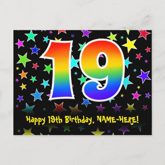 19. Geburtstag: Lustiges Sterne-Muster, Regenbogen Postkarte (Vorderseite)