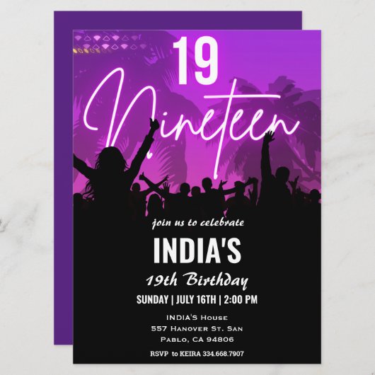 19. Geburtstag Party Rosa Neon Einladung (Vorne/Hinten)