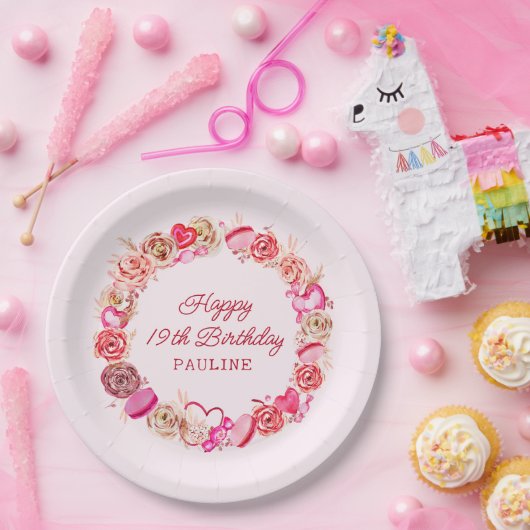 19. Geburtstag Pink Roses Wirbles Herz Pappteller (Party)