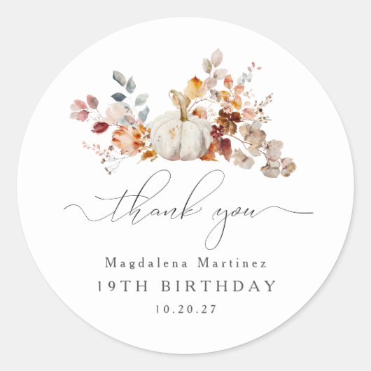 19. Geburtstag Pumpkin Fall Blume Danke Runder Aufkleber (Vorderseite)