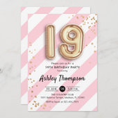 19. Geburtstag - Rosa Streifen Gold Balloons Einladung (Vorne/Hinten)