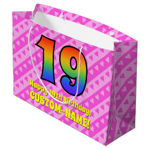 19. Geburtstag: Rosa Streifen & Herz, Regenbogen # Große Geschenktüte