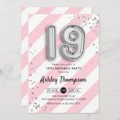 19. Geburtstag - Rosa Streifen und Silberballons Einladung (Vorne/Hinten)