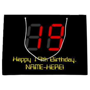 19. Geburtstag: Rote Digitaluhr-Art "19" + Name Große Geschenktüte
