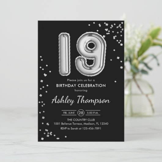 19. Geburtstag - Silberballons schwarz Einladung (Stehend Vorderseite)