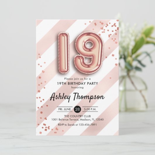 19. Geburtstag - Streifen Rose Goldballons Einladung (Stehend Vorderseite)
