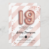 19. Geburtstag - Streifen Rose Goldballons Einladung (Vorne/Hinten)