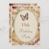 19. Geburtstags-Vintage Rosen Schmetterling, Einladung (Vorne/Hinten)