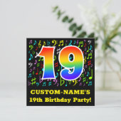 19. Geburtstagsfeier: lustige Musiksymbole, Regenb Einladung (Stehend Vorderseite)