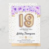 19. Geburtstagsparty - Goldballons Lila Einladung (Vorne/Hinten)