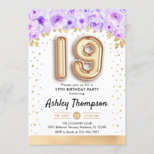 19. Geburtstagsparty - Goldballons Lila Einladung
