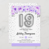 19. Geburtstagsparty - Silberballons Lavendel Einladung (Vorne/Hinten)