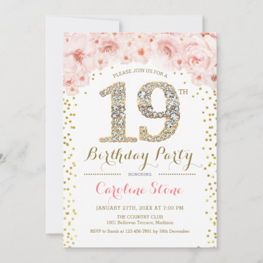 19. Geburtstagsparty - Weißes Gold Rosa Einladung (Vorderseite)