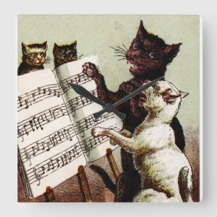 19. Jh. singende Katzen Quadratische Wanduhr