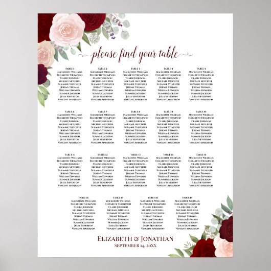 19 Tabelle Burgundy Red & Blush Bloral Seating Cha Poster (Vorne)