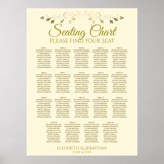 19 Tabelle Elegant Gold Cream Wedding Chart Poster (Vorne)