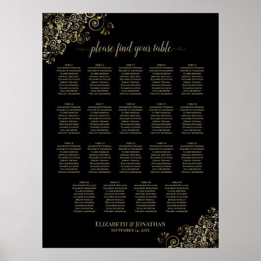19 Tabelle Gold Frills Black Wedding Seating Chart Poster (Vorne)