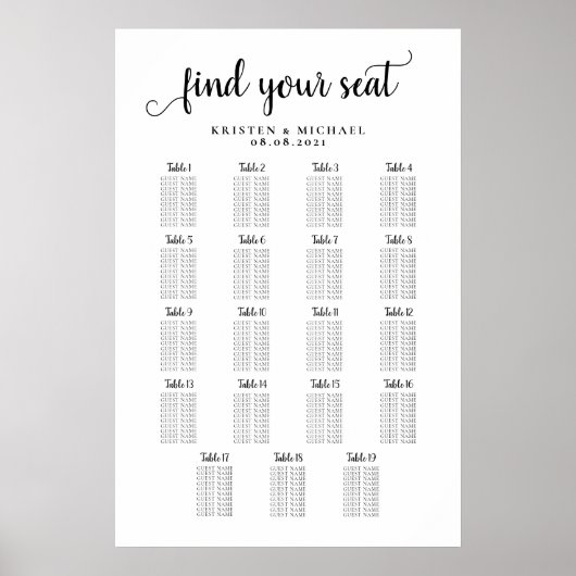19 Tabelle Große Hochzeitgastsitzkarte Poster (Vorne)