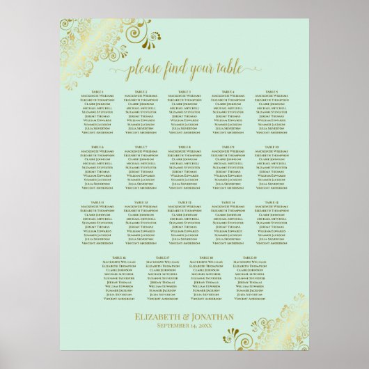 19 Tabelle Minze Green & Gold Hochzeitskarte Poster (Vorne)