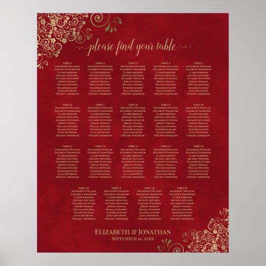 19 Tabelle Rot & Gold Frills Hochzeitstabelle Poster (Vorne)