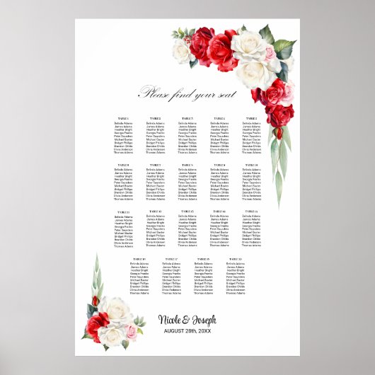 19 Tabelle Rot-Rose-Blumenmuster-Sitzplan Poster (Vorne)