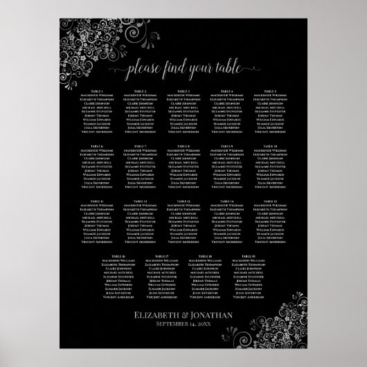 19 Tabelle Silver Frills Black Wedding Seating Cha Poster (Vorne)
