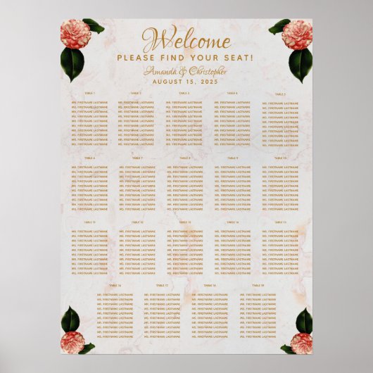 19 Tabelle Sitzplan Hochzeitsskizze Marmor Kamelie Poster (Vorne)