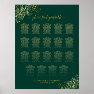19 Table Emerald Green Gold Wedding Seating Chart Poster