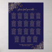 19 Table Lacy Gold Navy Blue Wedding Seating Chart Poster (Vorne)