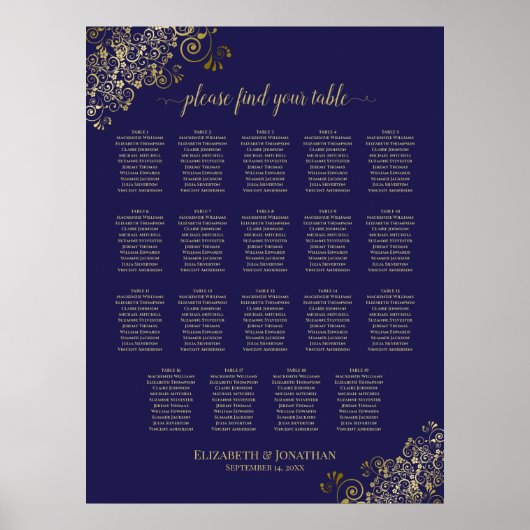 19 Table Lacy Gold Navy Blue Wedding Seating Chart Poster (Vorne)