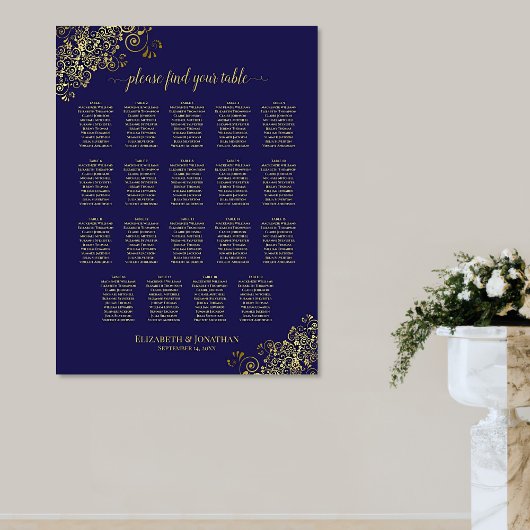 19 Table Lacy Gold Navy Blue Wedding Seating Chart Poster
