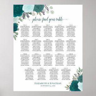 19 Tische Sitzordnung Hochzeit Teal & Aqua Blumen Poster