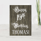 19th Birthday: Fancy, Elegant Text; Faux Wood Look Karte (Vorderseite)