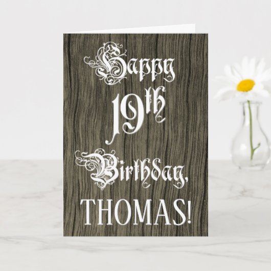 19th Birthday: Fancy, Elegant Text; Faux Wood Look Karte (Kleine Pflanze)