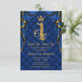 1. 1. Geburtstagsparty Royal Blue Gold Crown Einladung (Stehend Vorderseite)