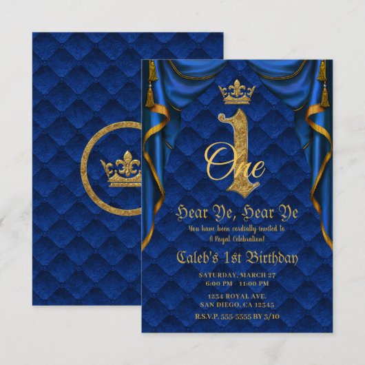 1. 1. Geburtstagsparty Royal Blue Gold Crown Einladung (Vorne/Hinten)