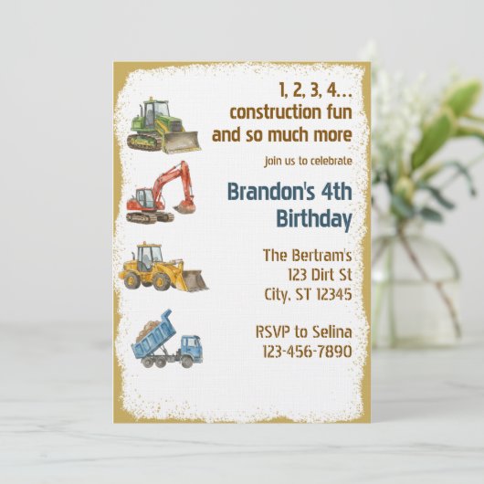 1,2,3,4 Construction Fun, 4th Birthday Einladung (Stehend Vorderseite)