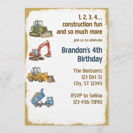 1,2,3,4 Construction Fun, 4th Birthday Einladung (Vorderseite)