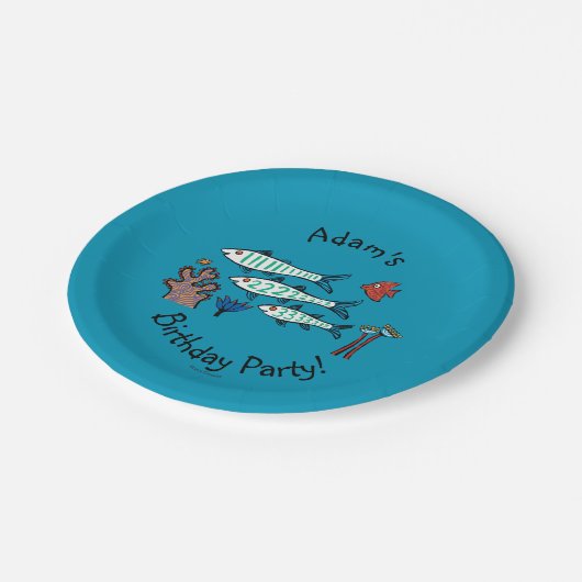 1, 2, 3 Fisch mit kleinen Fischen und Koralle Pappteller (Schrägansicht)