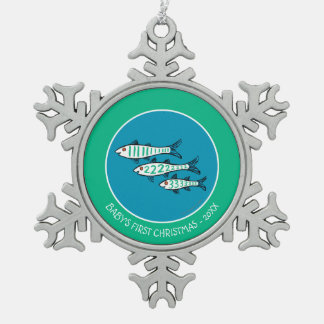 1, 2, 3 Fisch mit kleinen Fischen und Koralle Schneeflocken Zinn-Ornament