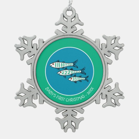 1, 2, 3 Fisch mit kleinen Fischen und Koralle Schneeflocken Zinn-Ornament (Vorderseite)