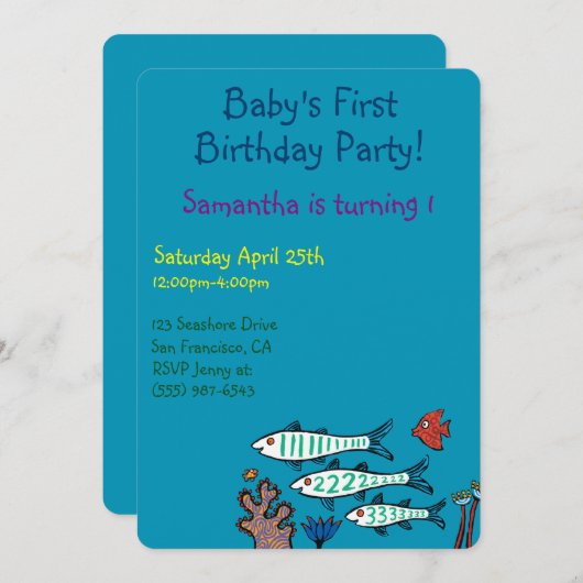 1, 2, 3 Fische mit kleinen Fischen und Korallen Einladung (Vorne/Hinten)