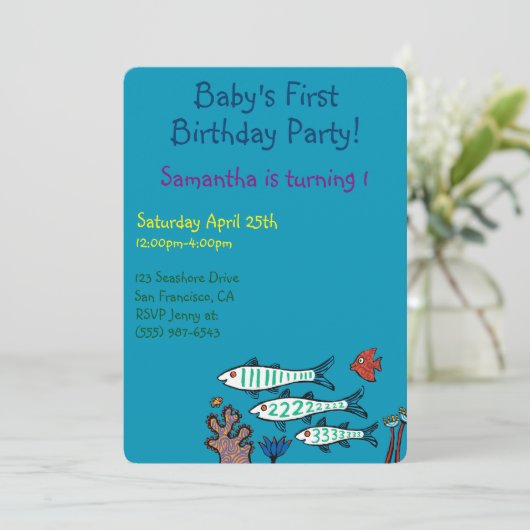 1, 2, 3 Fische mit kleinen Fischen und Korallen Einladung (Stehend Vorderseite)