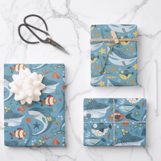 1. 2. 3. Geburtstag Baby Shark Ocean Sea Boys Geschenkpapier Set (Vorderseite)