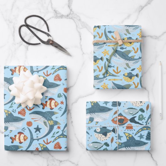 1. 2. 3. Geburtstag Hai Party Ocean Sea Boys Geschenkpapier Set (Vorderseite)
