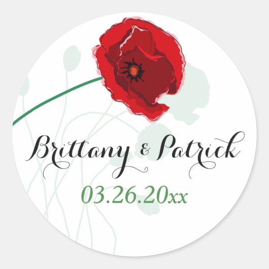 1,5" Hochzeitsticker | Roter Mohn | Schwarz, Grün Runder Aufkleber (Vorderseite)