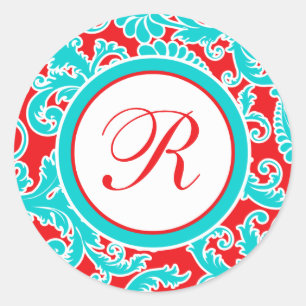 1,5" Round Blue Red White Damask Monogram Sticker