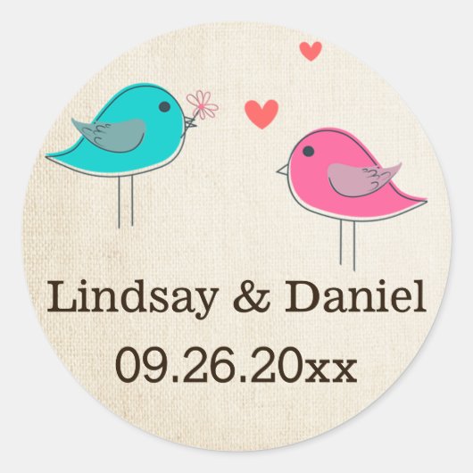 1,5" Whimsical Birds in Liebe Wedding Sticker 2 (Vorderseite)